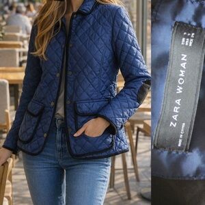 Zara Blue Contrasting Quilted Button Jacket Small Preowned